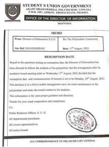 Akanu Poly Uwana SUG Notice on Resumption Date