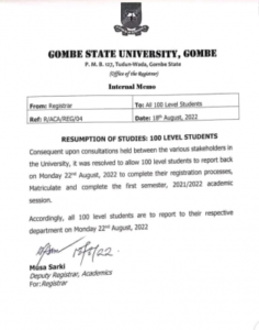 Gombe State University ResumptGombe State University Resumption for New Studentsion for New Students