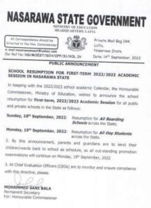 Nasarawa State Resumption Date for Schools
